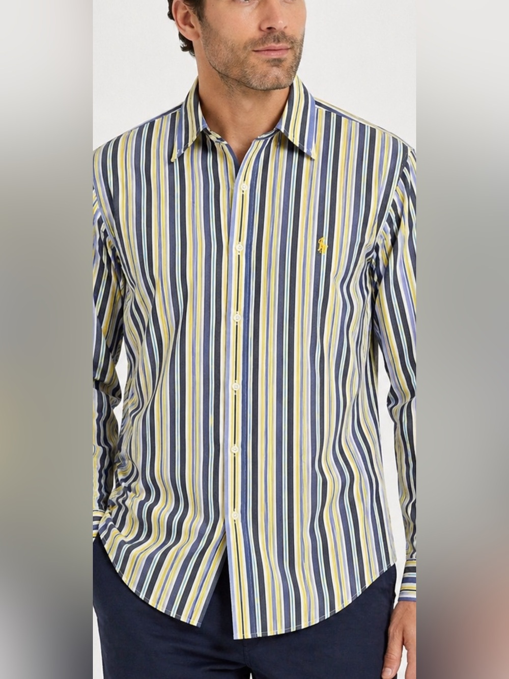 Ralph Lauren Men XL Custom Fit Striped Button Down Shirt Blue Yellow Cotton